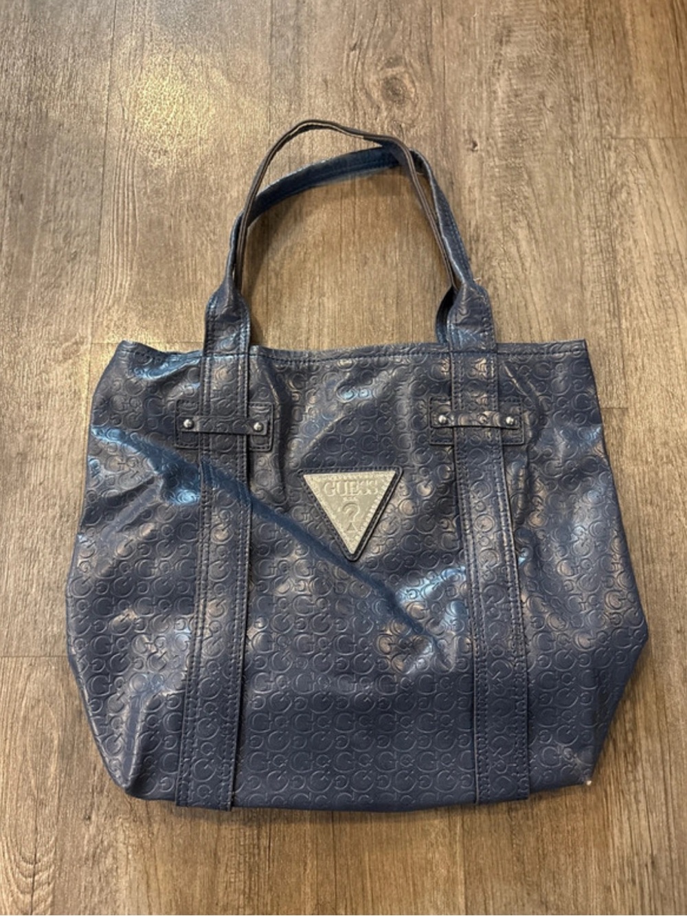 GUESS Y2K Navy Embossed Logo Tote Bag
